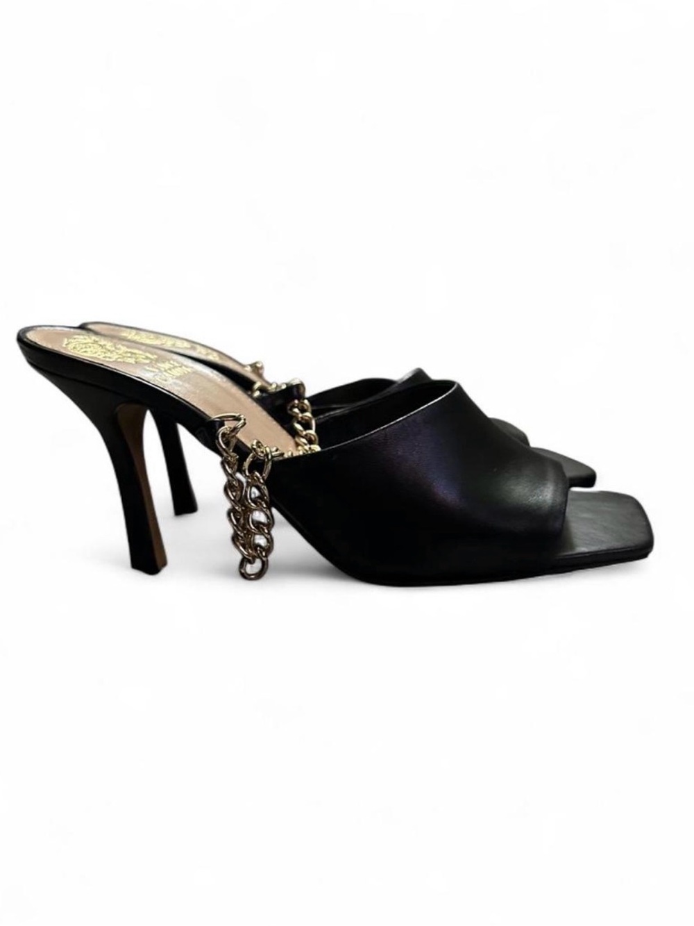 Black Leather Chain-Accent Mule Heels